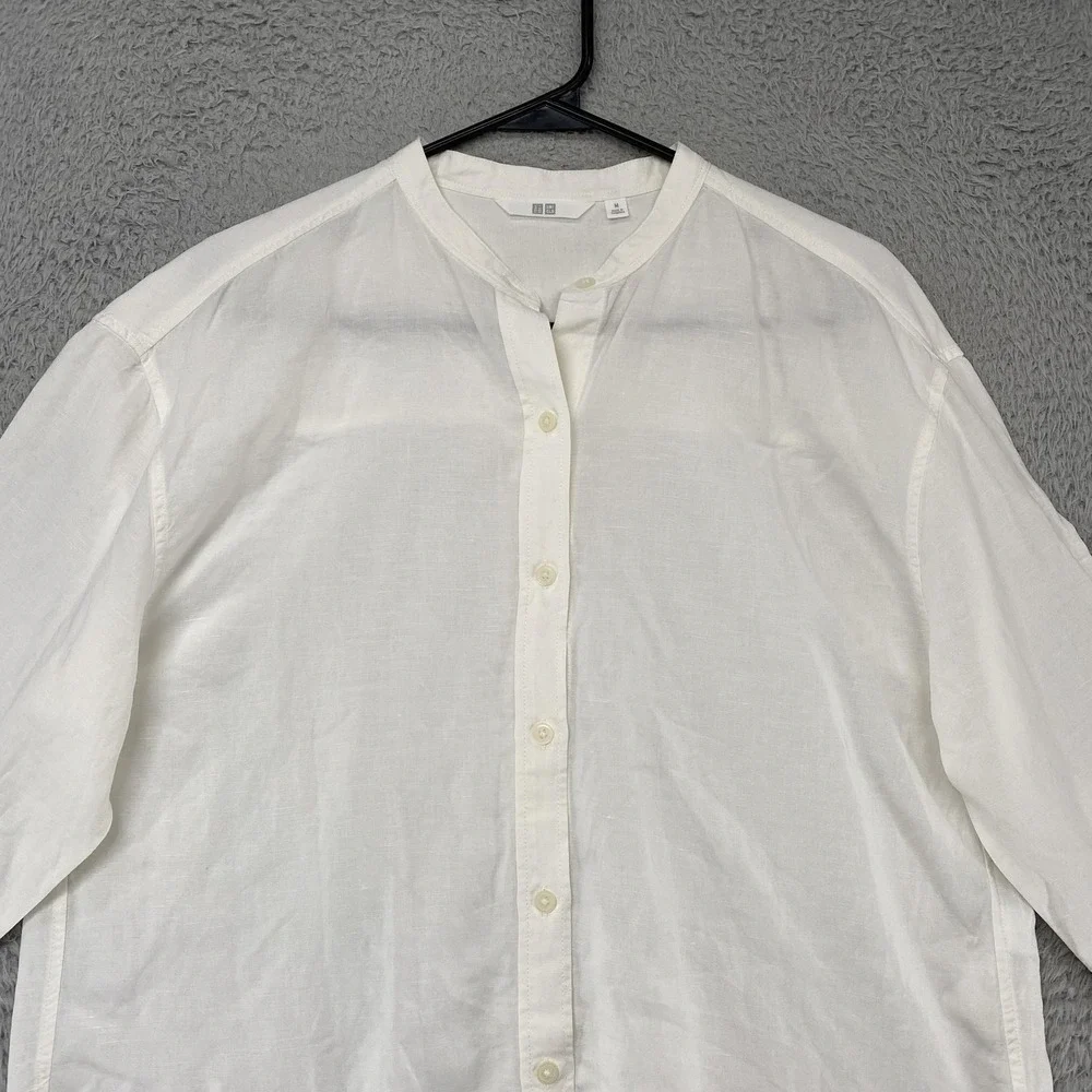 Uniqlo Linen Top Womens Medium Button Up Minimalist Capsule Collarless White - Picture 3 of 12